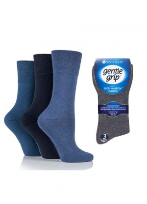 Mens 3 Pack Gentle Grip Plain Mixed Blue Socks